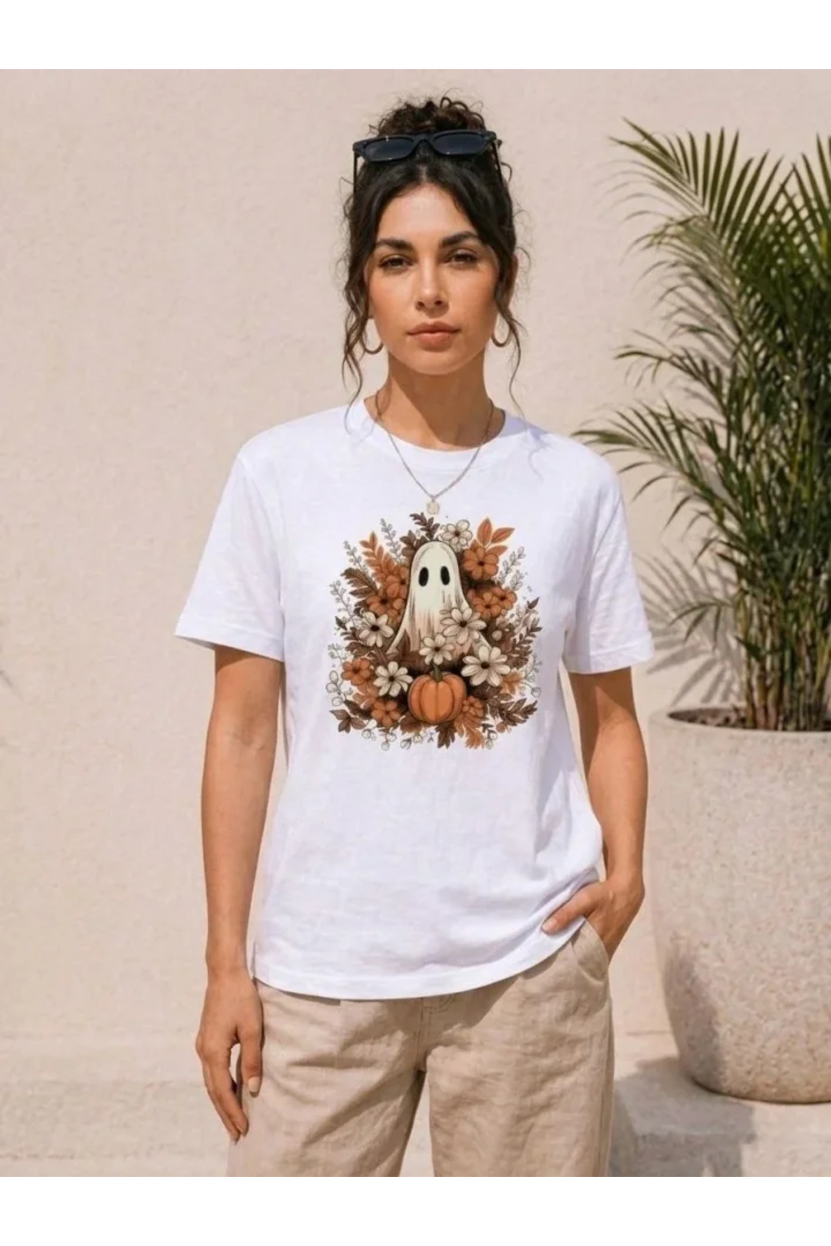 Balkabağı Hayalet Baskılı Tişört Kısa Kol Yazlık T-Shirt - Beyaz alternatif görünüm