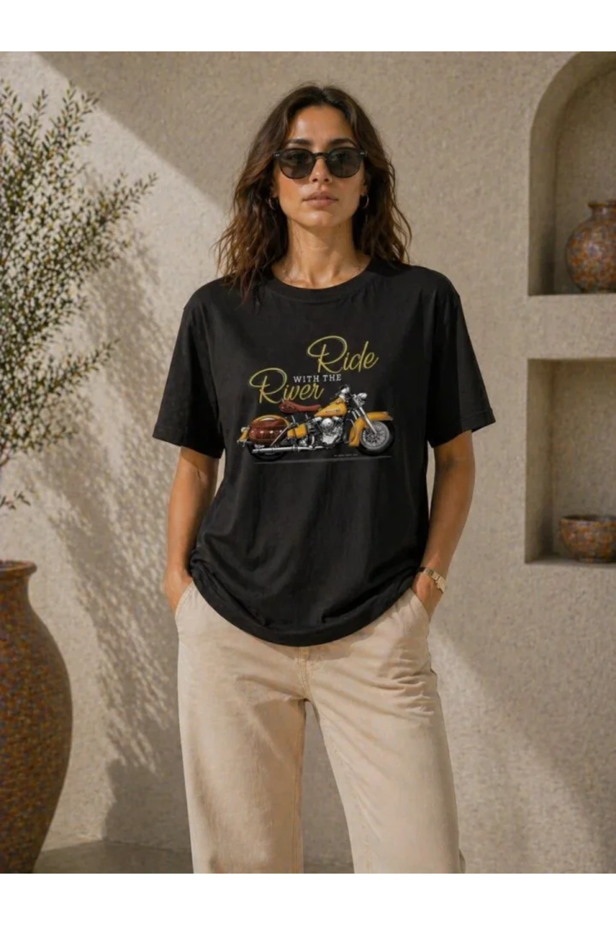 Motosiklet Baskılı Tişört Bisiklet Yaka Kısa Kol Yazlık T-Shirt - Siyah alternatif görünüm