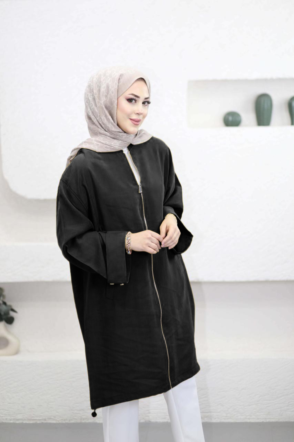 Suede Style 6346 - Rahat Fermuarlı Cepli Kol Düğme Detaylı Uzun Tunik görsel 4
