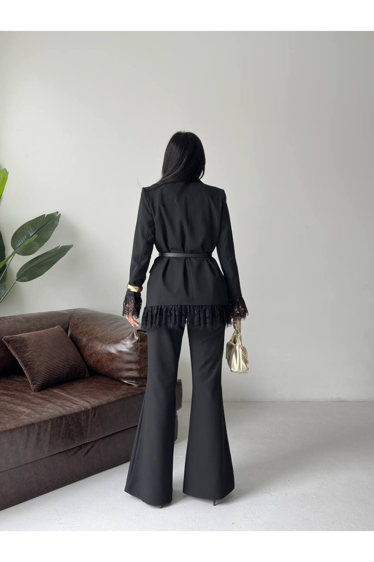 Ensemble Blazer à Détails Dentelle & Pantalon à Pattes d'Éléphant Premium - Görsel 7
