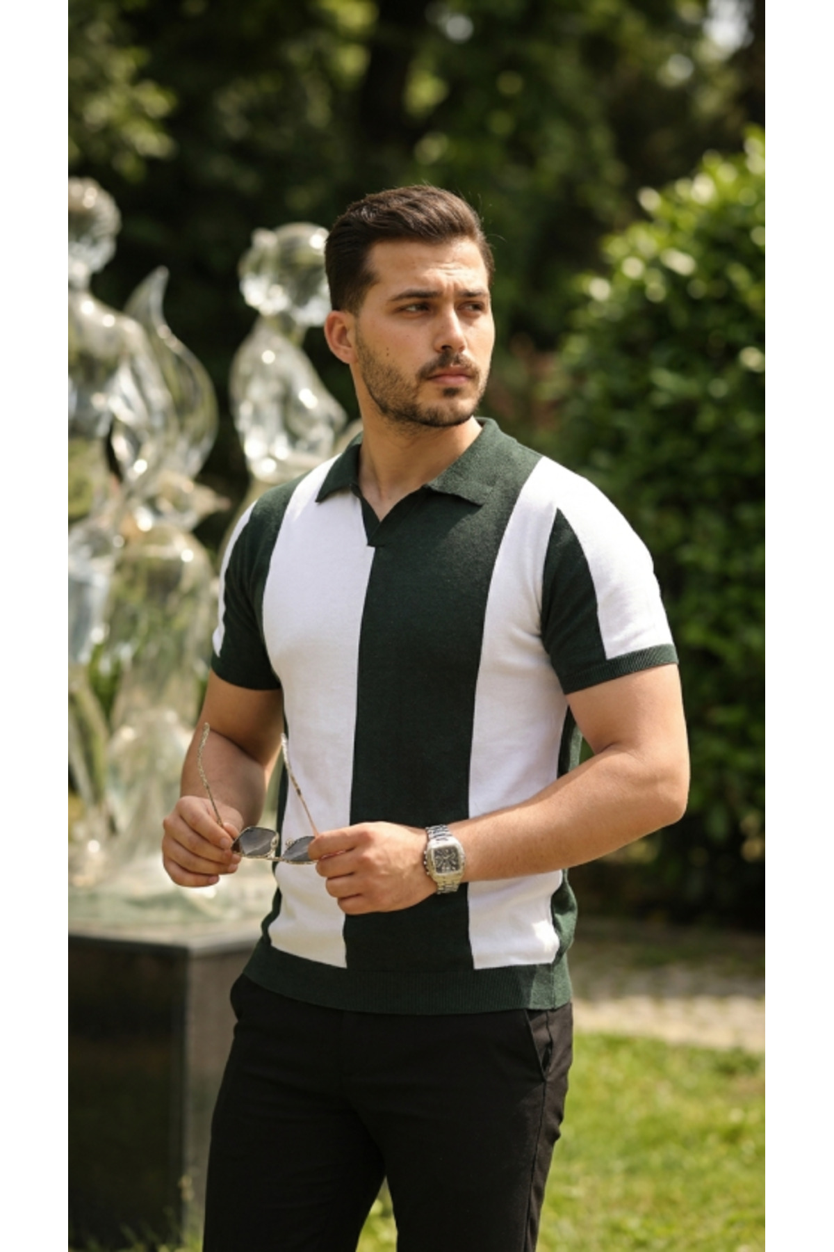Erkek Kısa Kollu Polo Yakalı Blok Desenli Triko Bluz
