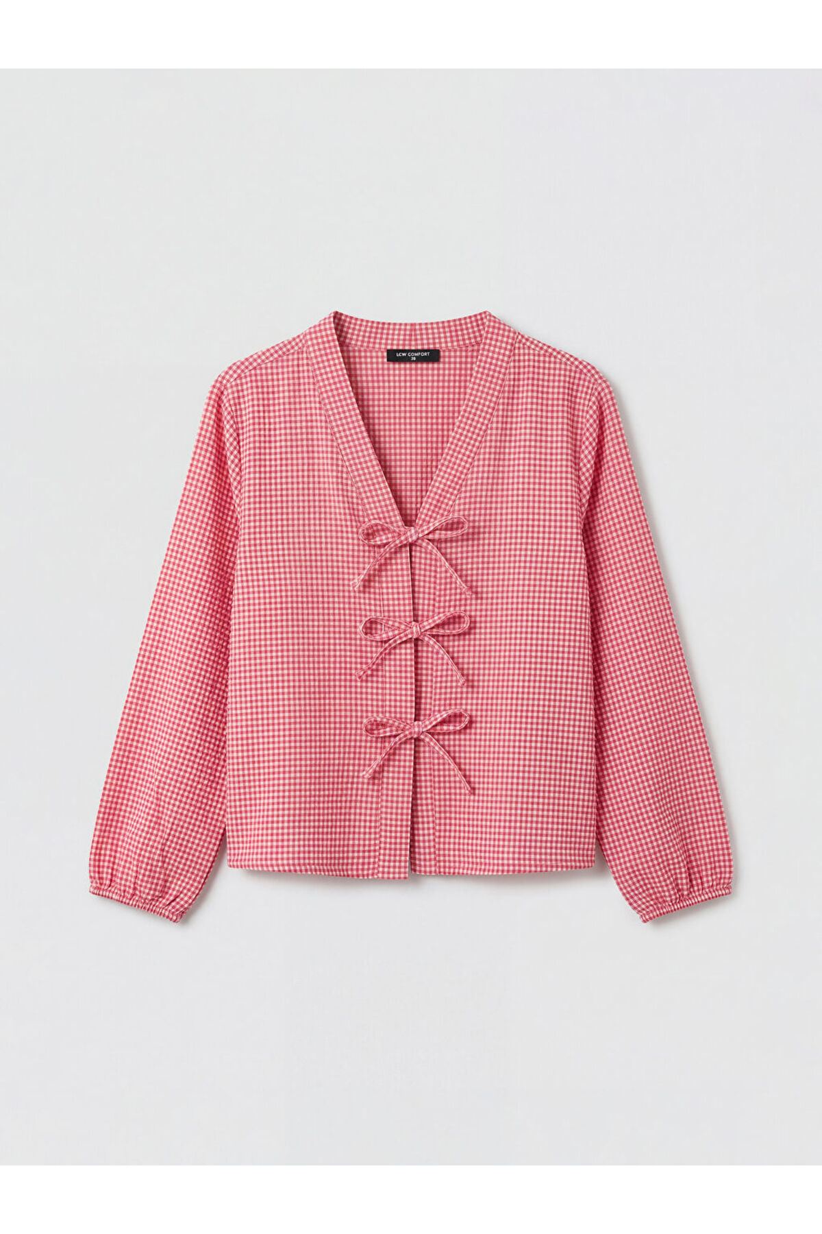 LC Waikiki Pink V-Neck Plaid Tie-Up Blouse