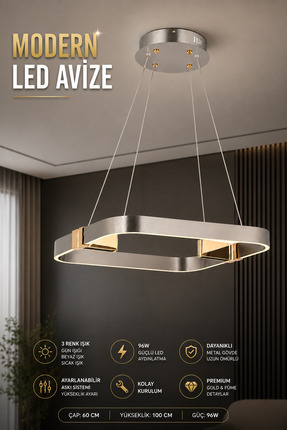 Elvora Home Modern (PREMİUM) Kare 3 Renkli LEDli Sarkıt Avizesi Platin Salon ...