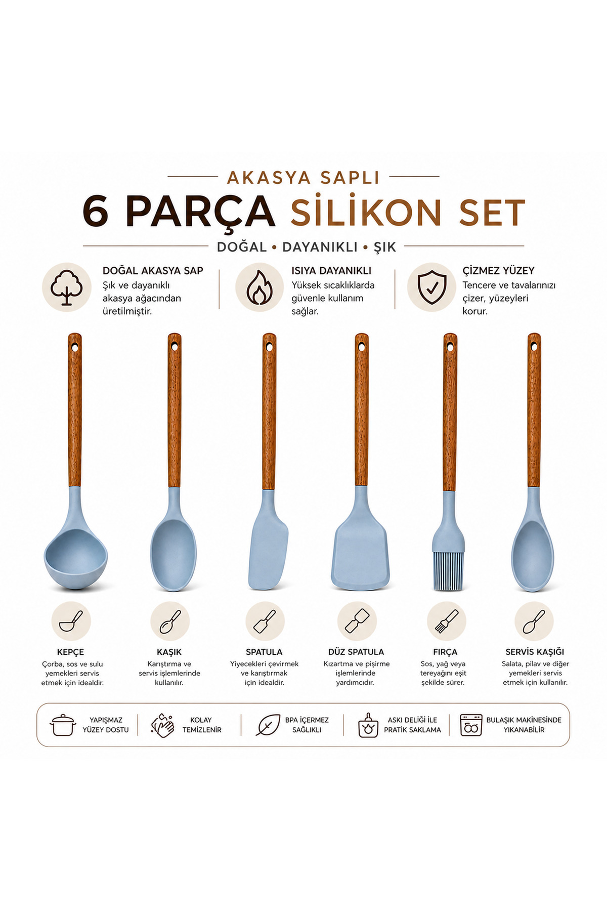 6-Piece Silicone Kitchenware Set with Acacia Wood Handle – Spatula-Ladle-Spoon-Brush – Scratch Pot Friendly