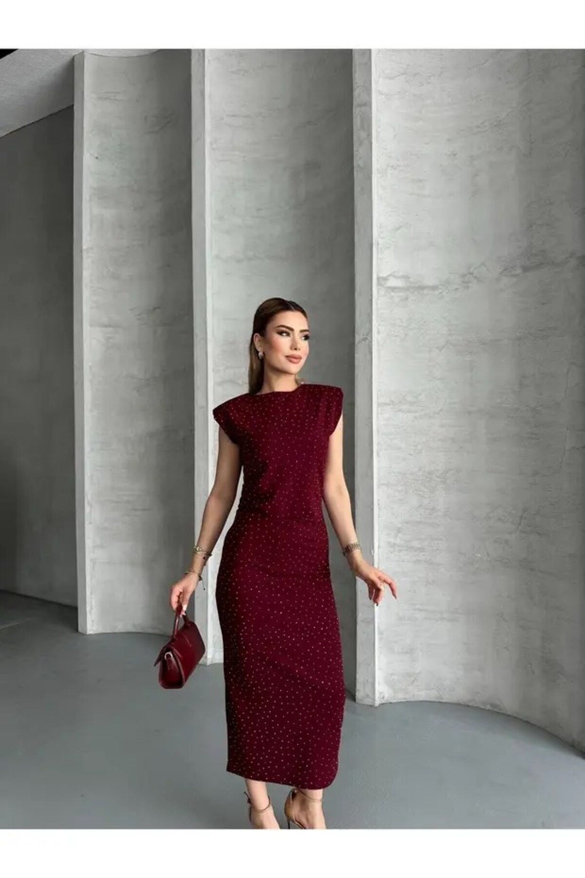Women's Stone Detailed Midi Dress with Shoulder Padding