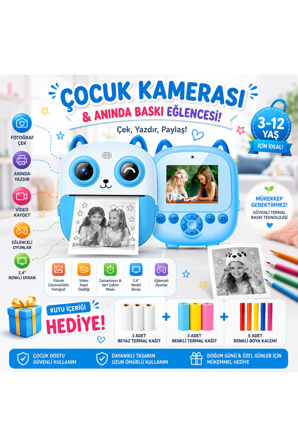 ROBEVE Çocuk Kamerası Anında Baskılı Termal Yazıcılı Fotoğraf Makinesi 3-12 Yaş Çocuk Fotoğraf Kamerası Video Kayıtlı Selfie Özellikli Eğitici Oyuncak Kamera 3 Renkli + 3 Beyaz Kağıt Hediyeli Pembe