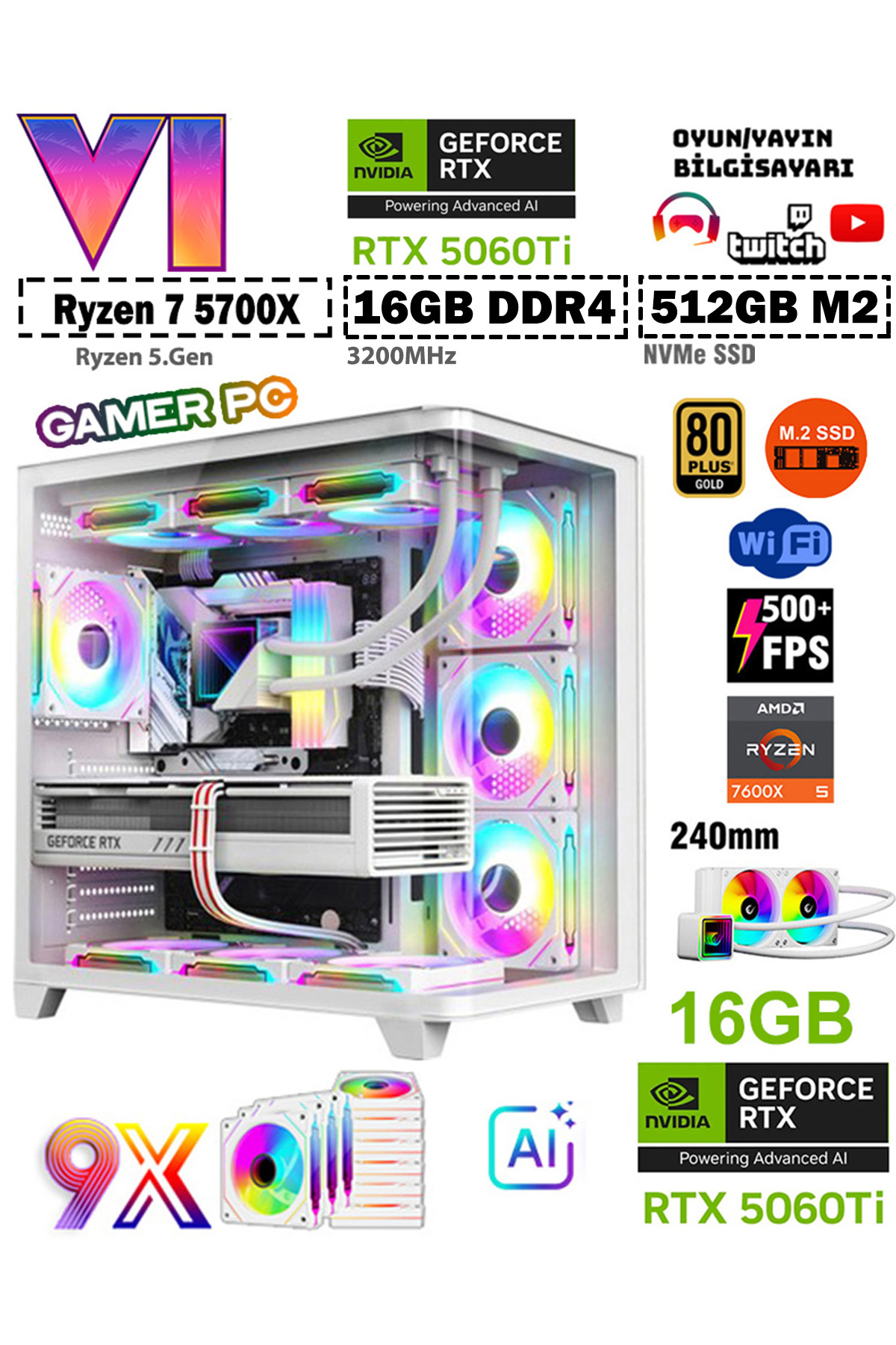 Zeiron GTA-VI X5 Ultra RTX5060Ti ⚡ 16GB ⚡ ∣ R7 5700X ∣ 16GB RAM ∣ 512GB SSD Sıvı Soğutmalı Premium Oyun Bilgisayarı