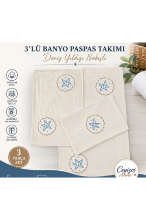 MODA Çeyizci Anne Banyo Paspas Takımı Deniz Yıldızı Desenli El İşlemesi 3 lü Set