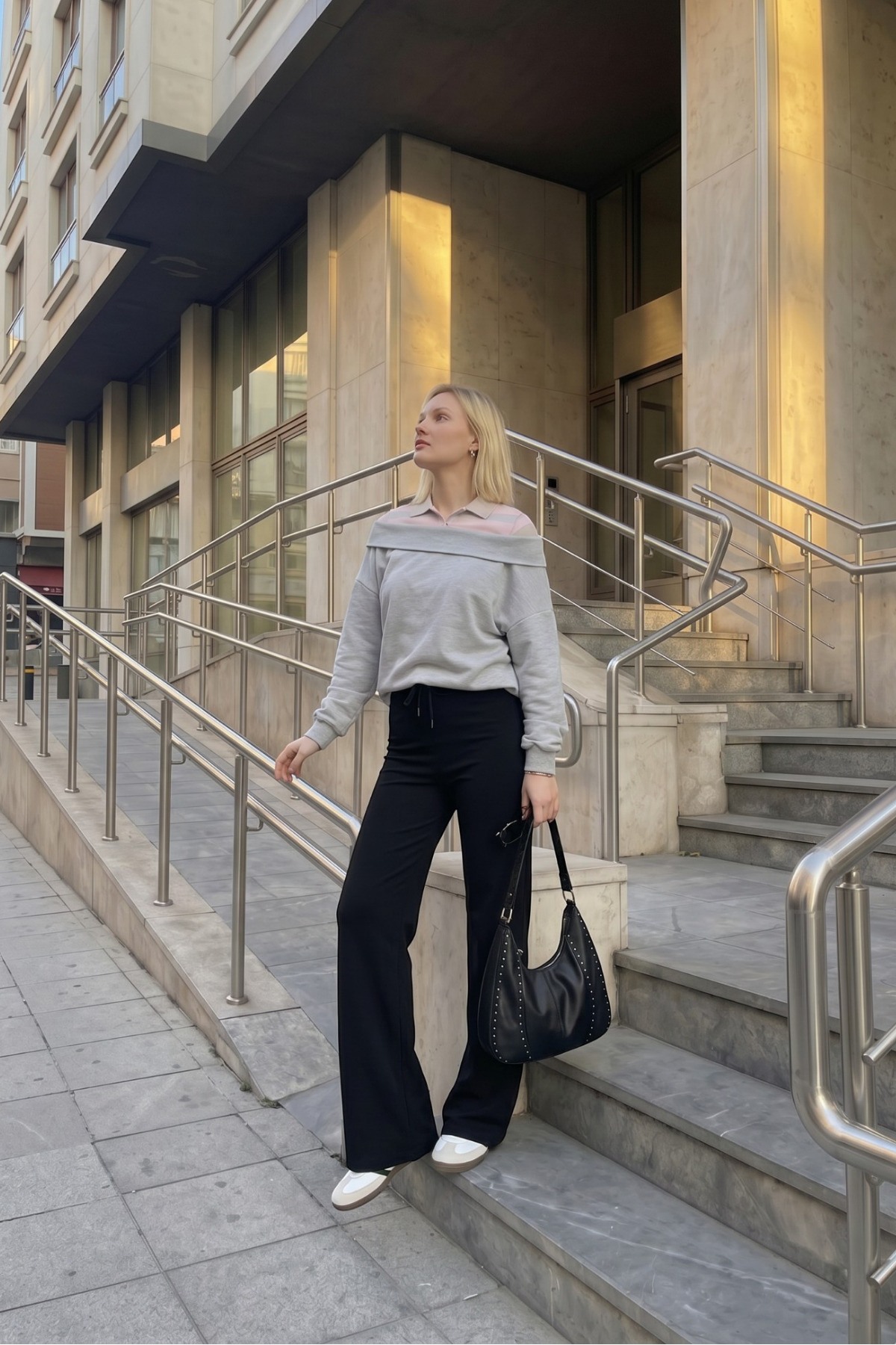 macharel jeans Kadın Ribana Lastikli Bol Paça Palazzo Siyah Eşofman Altı görsel 6