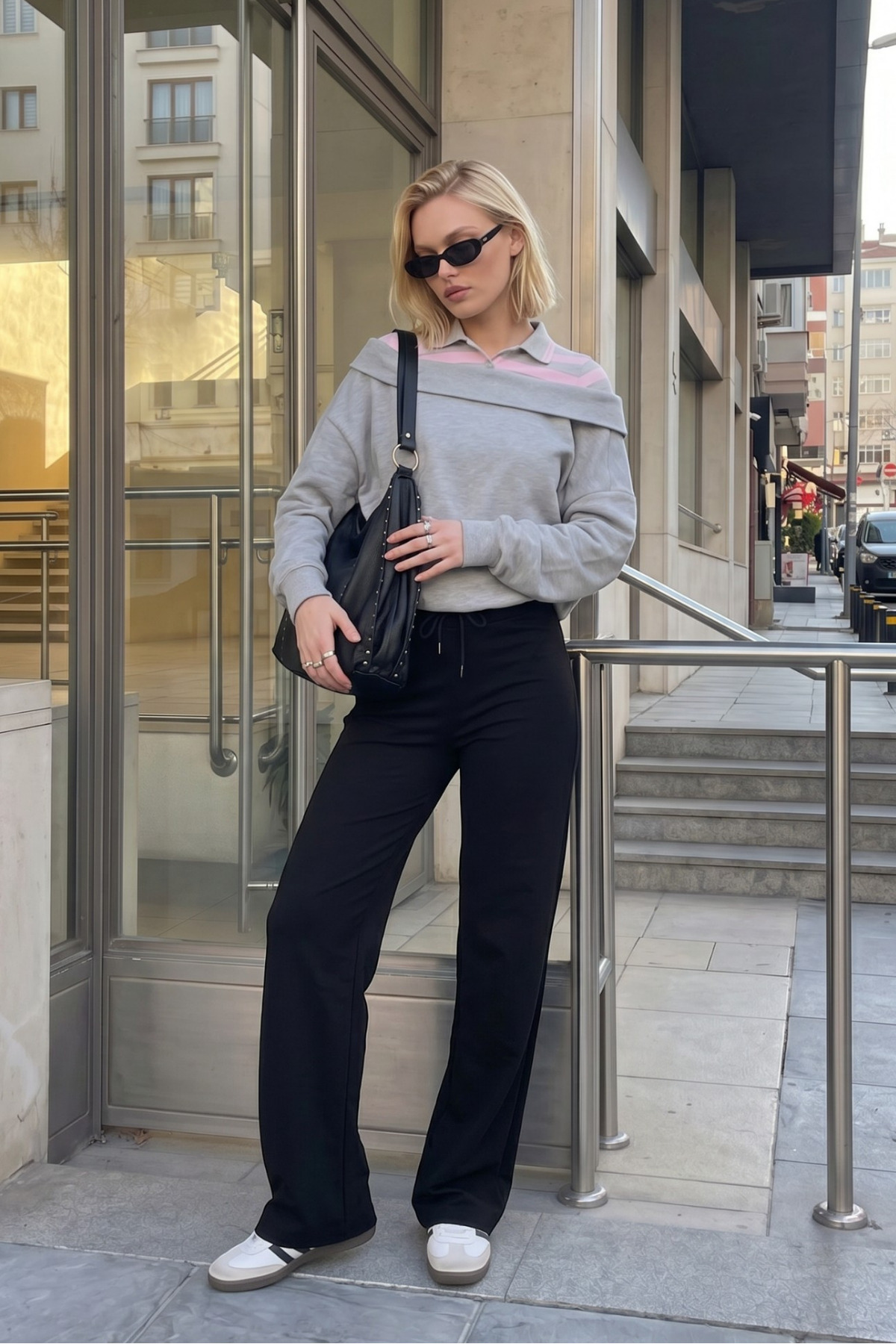 macharel jeans Kadın Ribana Lastikli Bol Paça Palazzo Siyah Eşofman Altı görsel 5