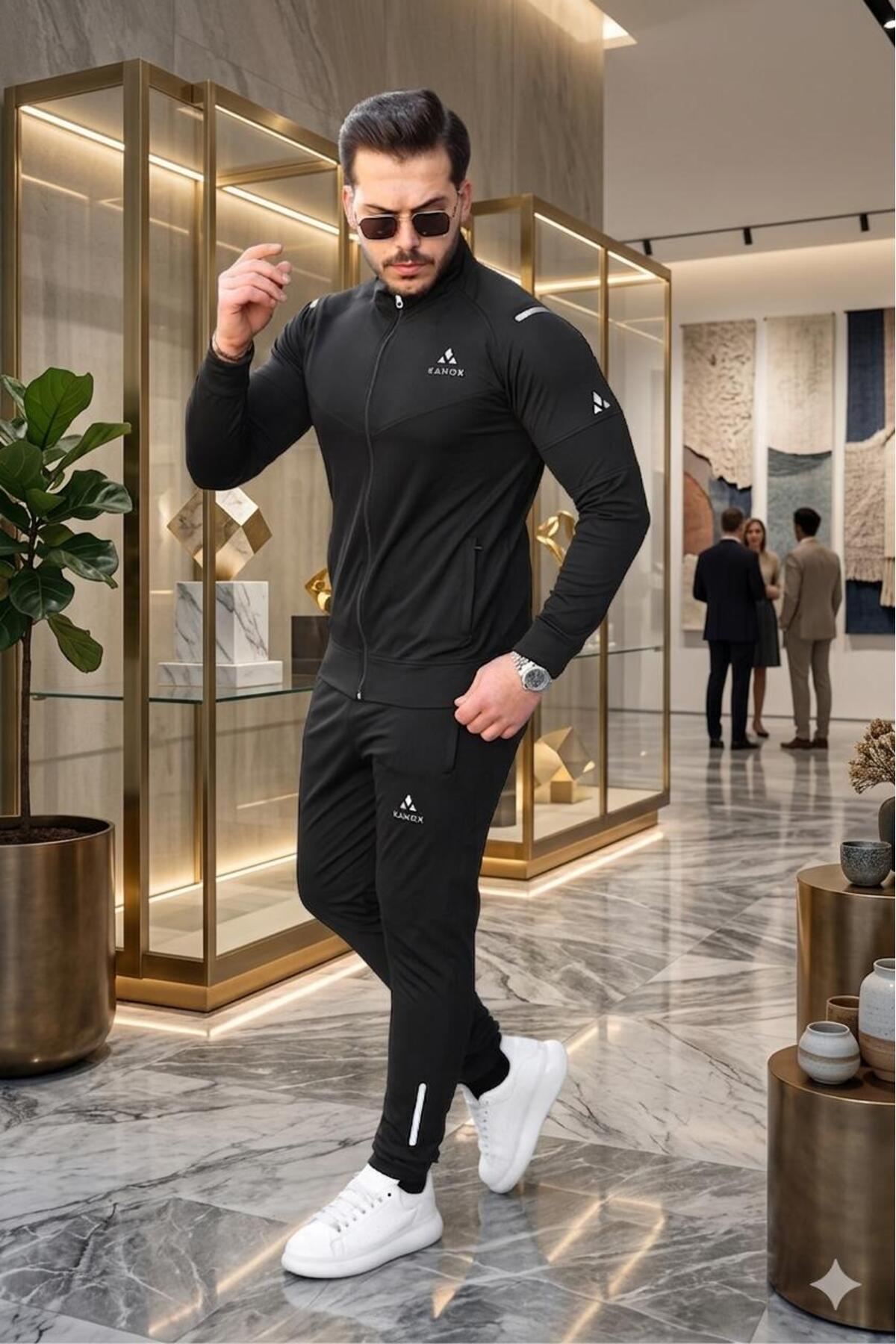 Slim Fit Dalgıç Kumaş Fermuarlı Erkek Eşofman Takımı Reflektör Baskılı — مشکی K-9701