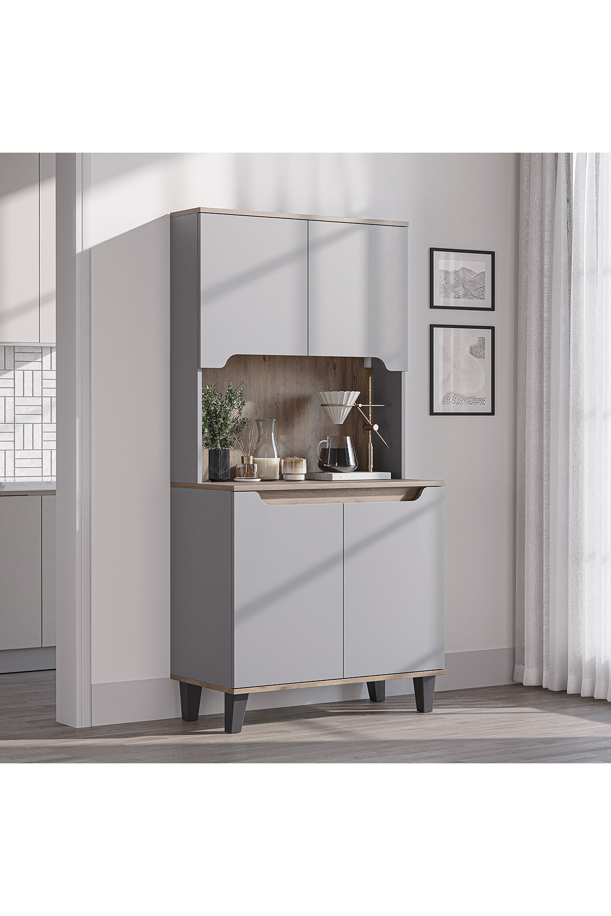 Laurel Coffee Corner, Multipurpose Cabinet, 4-Door Pantry Cabinet, Kitchen Cabinet 90 cm