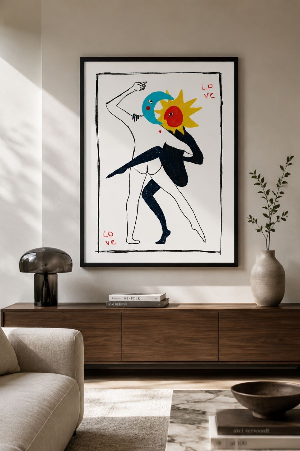 Ay ve Güneş Figürlü Minimal Soyut Poster Sanatsal Duvar Dekoru Çerçevesiz
