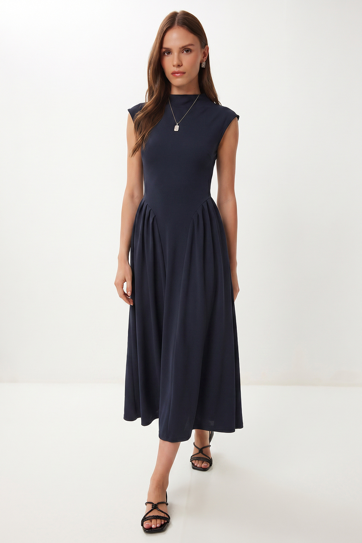 Upright Neck Midi Knitted Dress LUB0341 NAVY