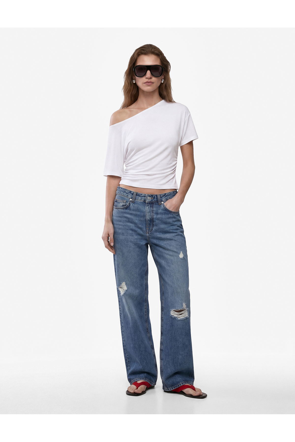 Koton Slim Fit Drape Detailed Off-The-Shoulder Boat Neck T-Shirt