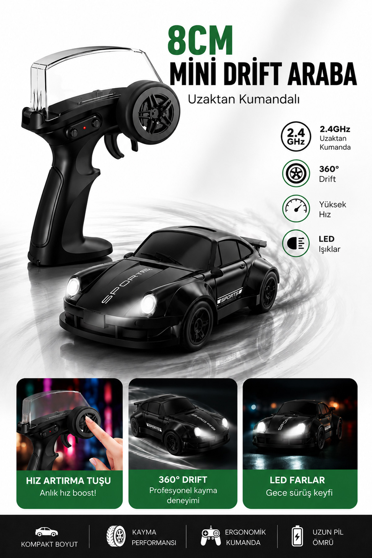 oyuncakgidiyor 8CM 1:64 Ölçek Uzaktan Kumandalı Drift Araba LED