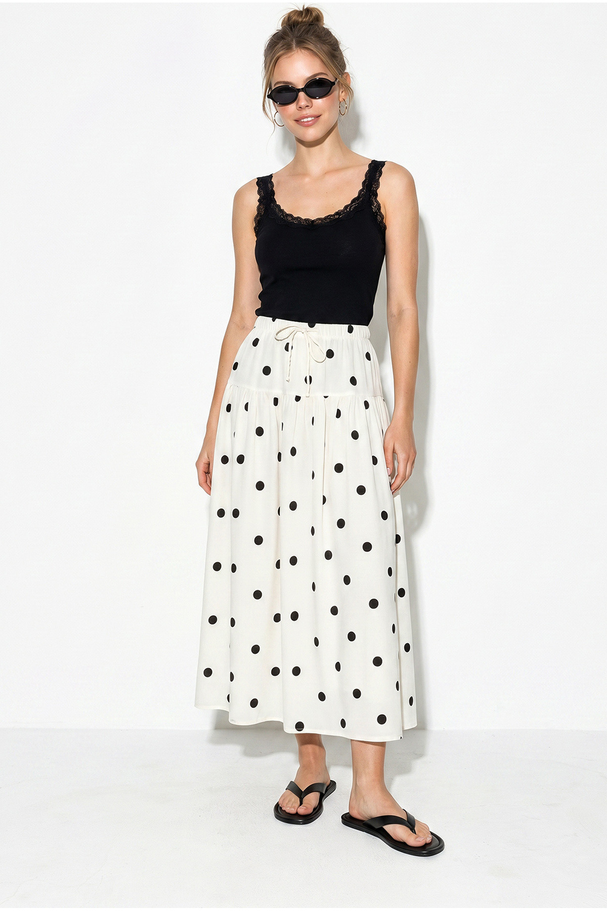 Women's Polka Dot Elastic Waist Floor Detailed Maxi Skirt YE4527 60286280