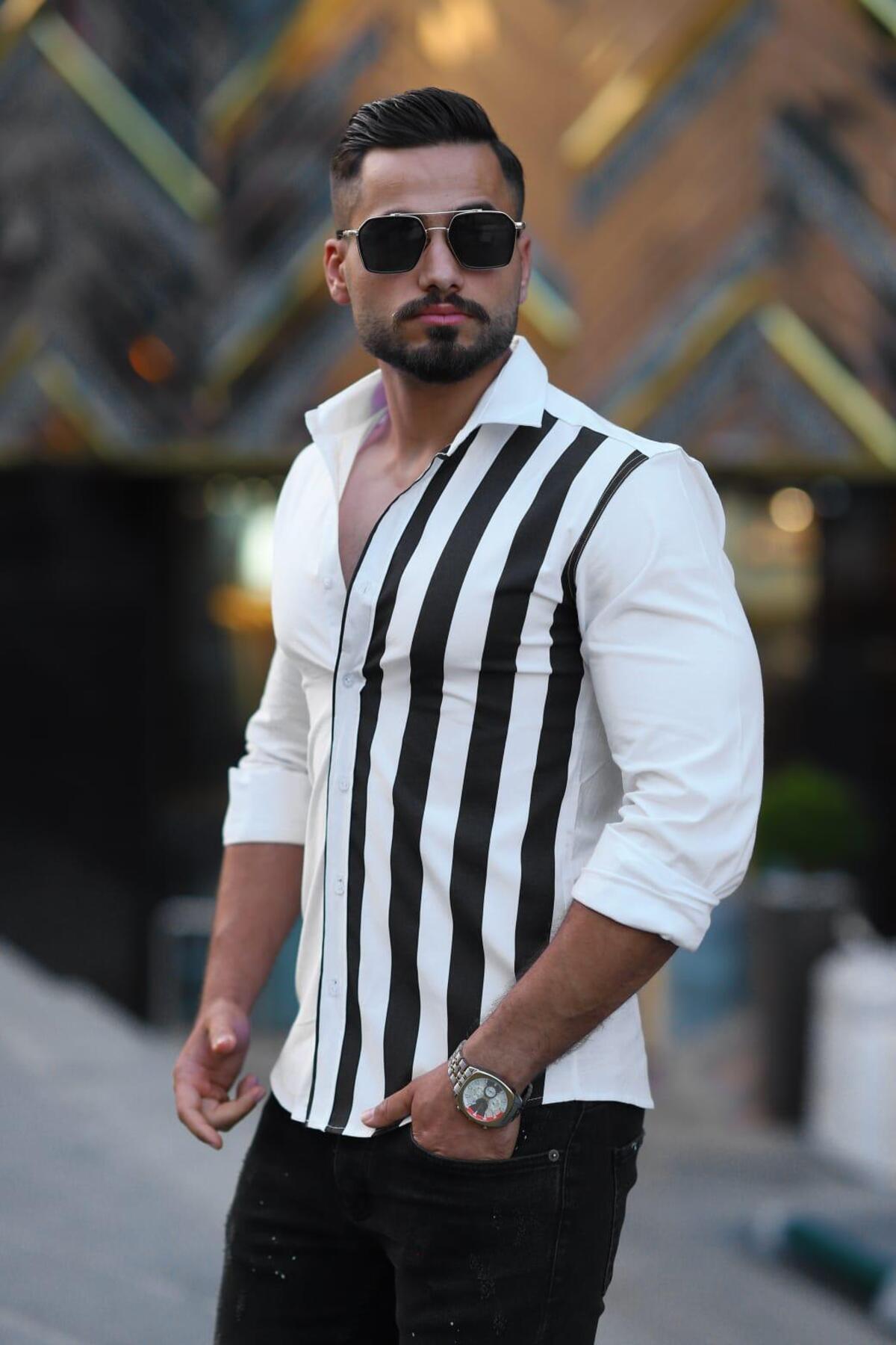 Erkek Slim-Fit Kontrast Geniş Çizgili Premium Lüks Tasarım Gömlek — سفید BAYIM KONTRAST