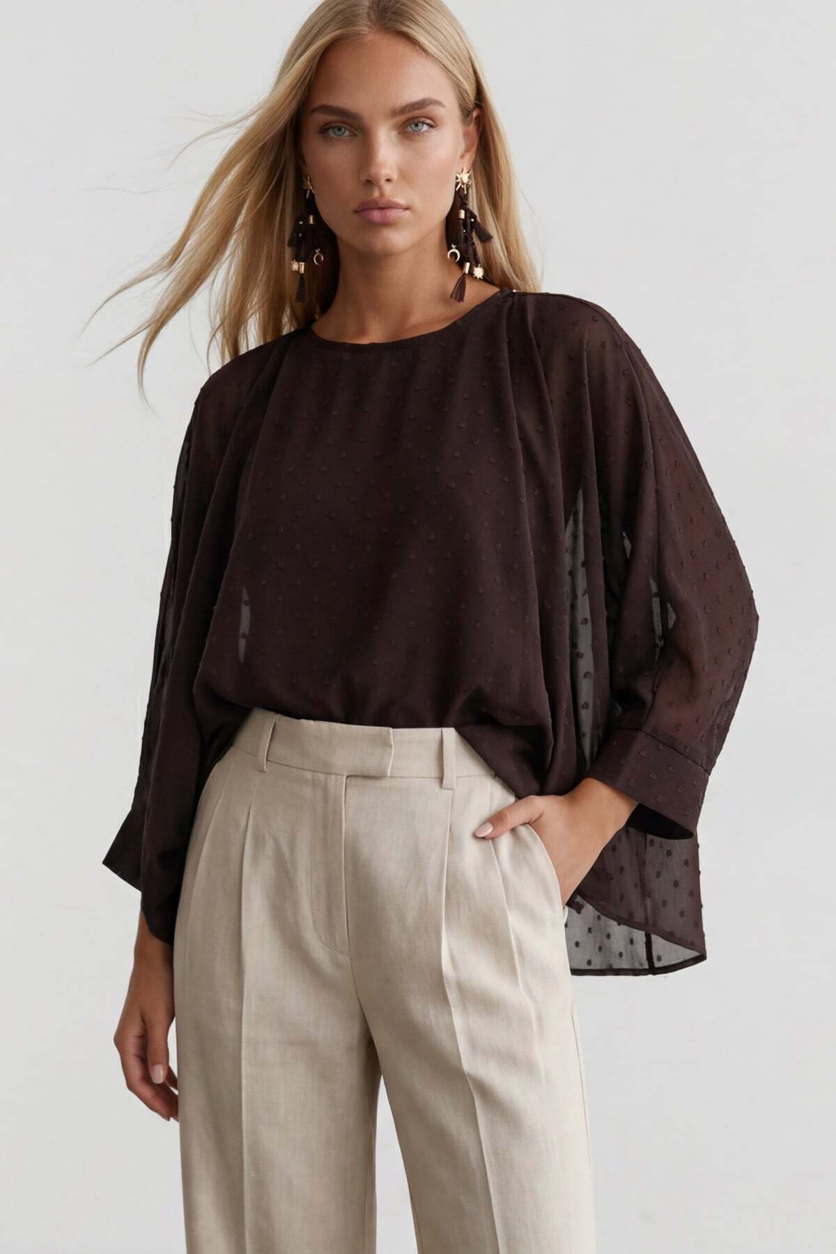 Women's Bitter Coffee Boat Neck Cape Cropped Chiffon Blouse withCuffAlc-X15529