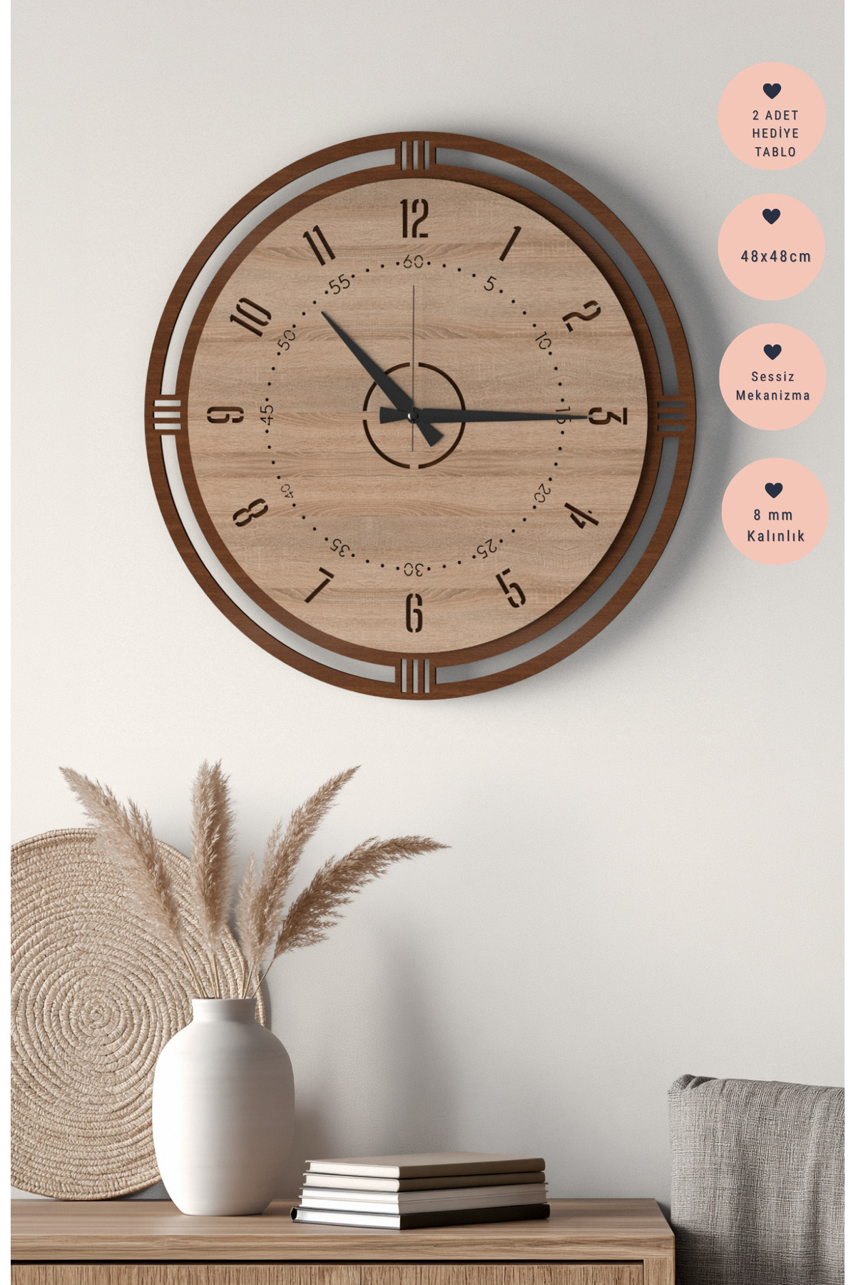 Large Size 48x48cm Astrynn Walnut- Oak Wall Clock and 2 Pieces Gift Painting Set - Silent Mechanism, Modern Home Decor
