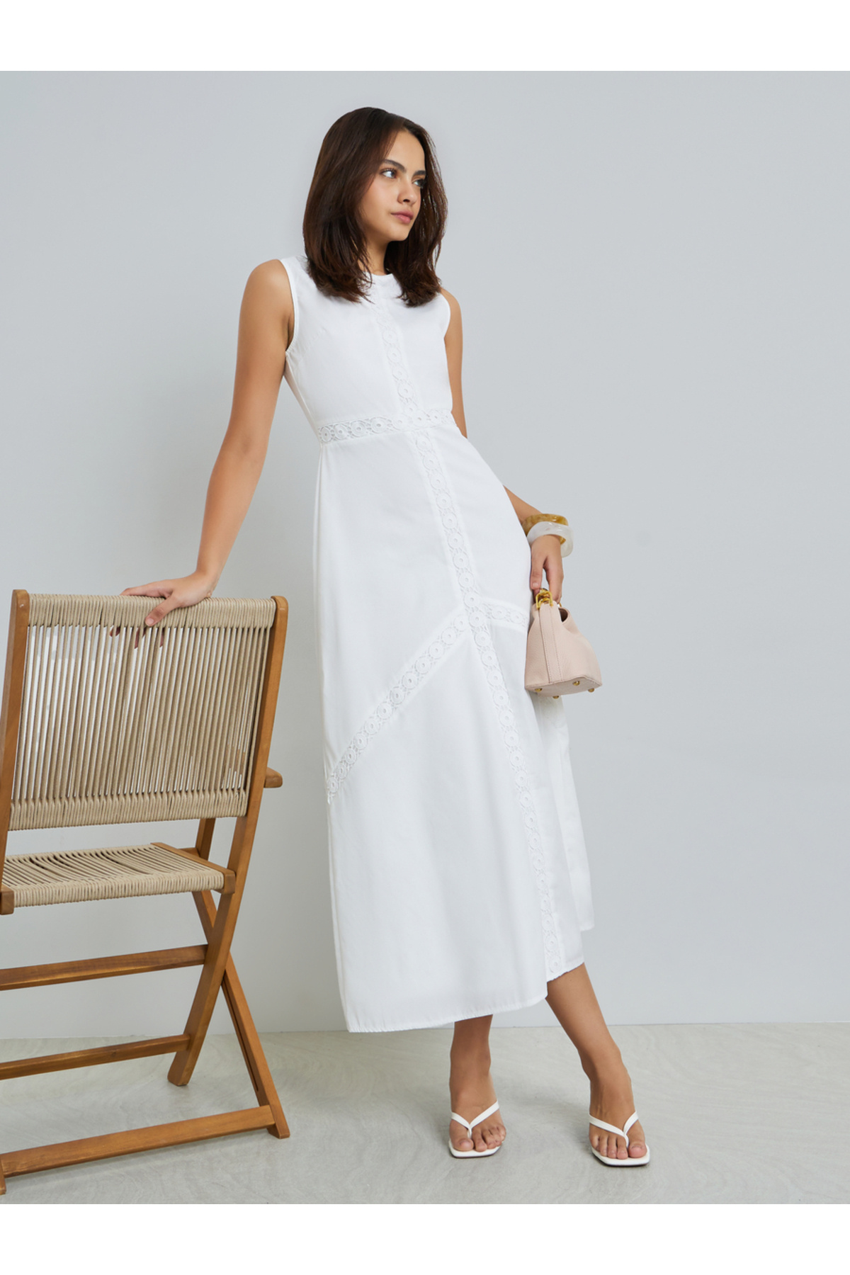 Styli White Self-Design Sleeveless A-Line Maxi Dress