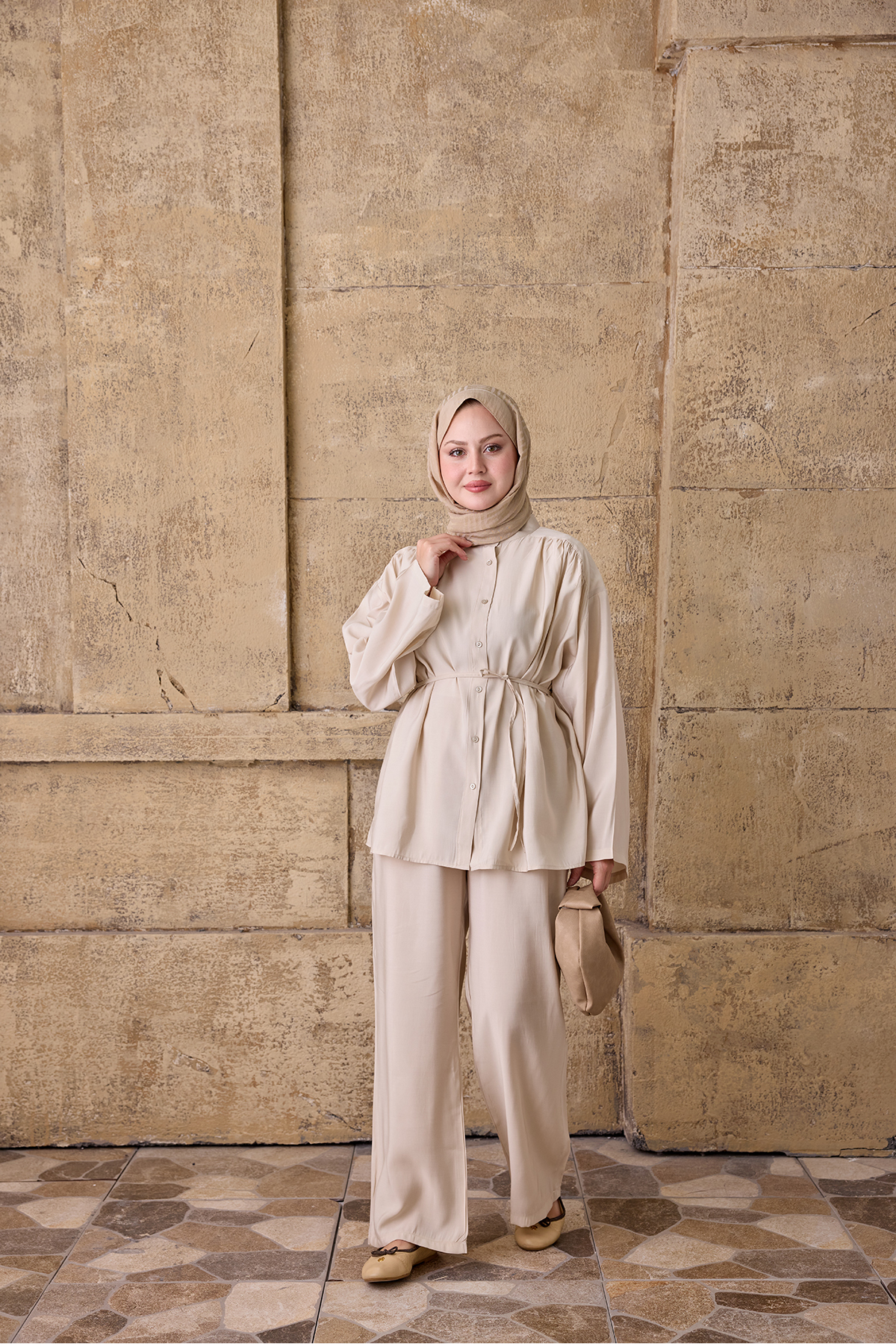 LOCCO Women's High Collar Waist Tie Suit Cream