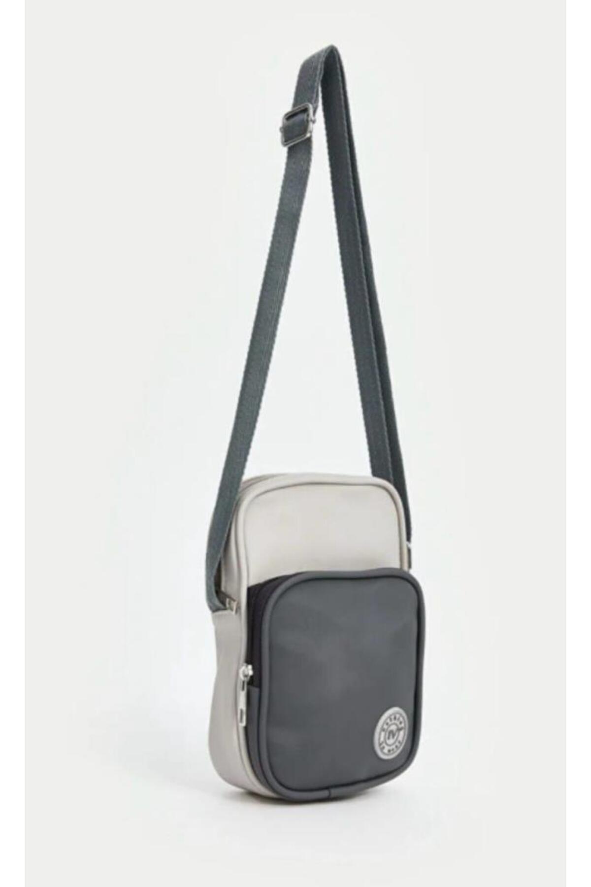 Gray Adjustable Strap Phone Bag & Shoulder Bag with 2 Eyes 22x13 cm Leather Appearance