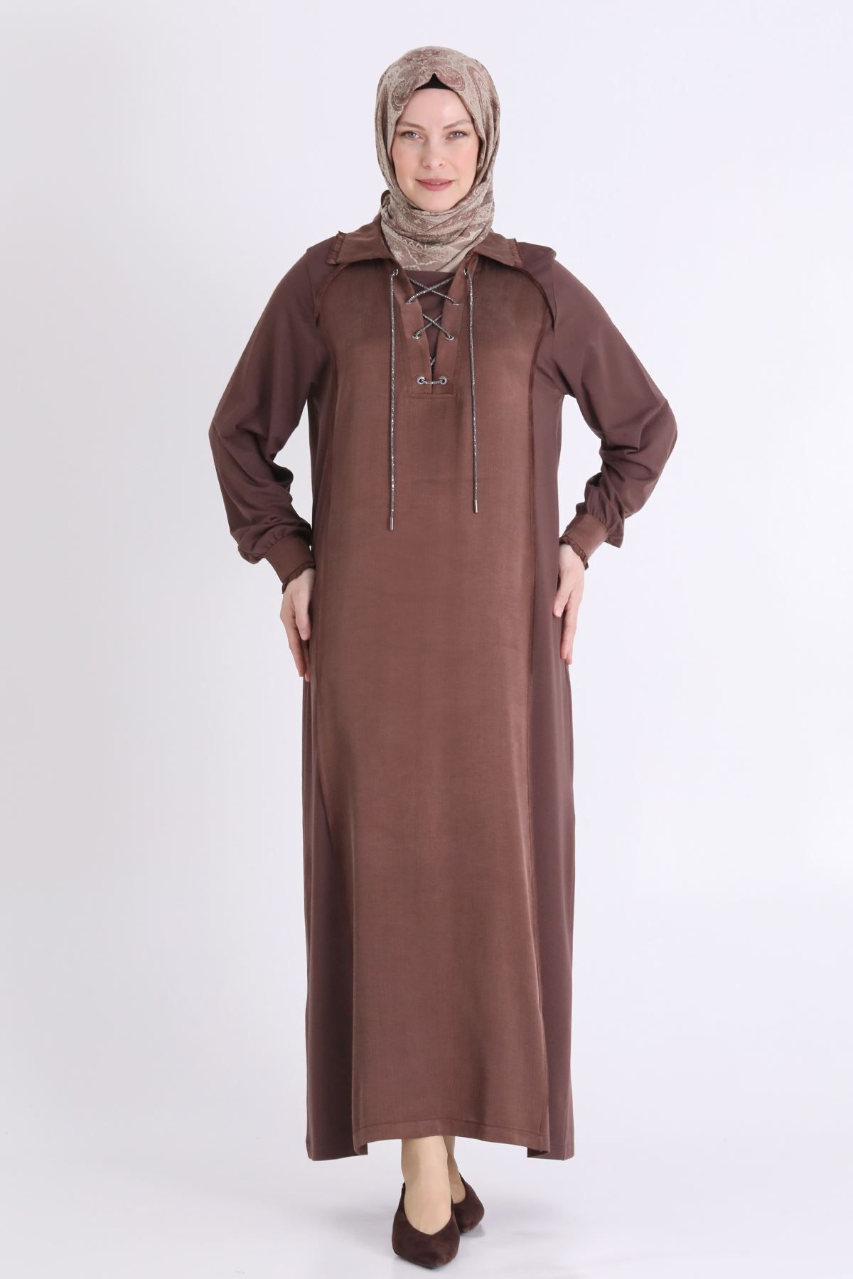 Büyük Beden Tesettür Elbise 1.kalite kahverengi - 2XL