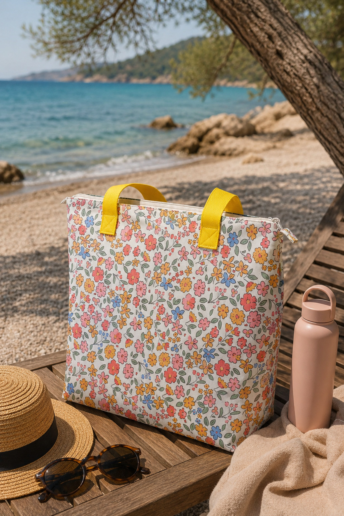 MIORA BAG Mor ve Çiçek Kombinasyonlu Plaj Çantası- Köşe Cepli- Duck Kumaş görsel 2