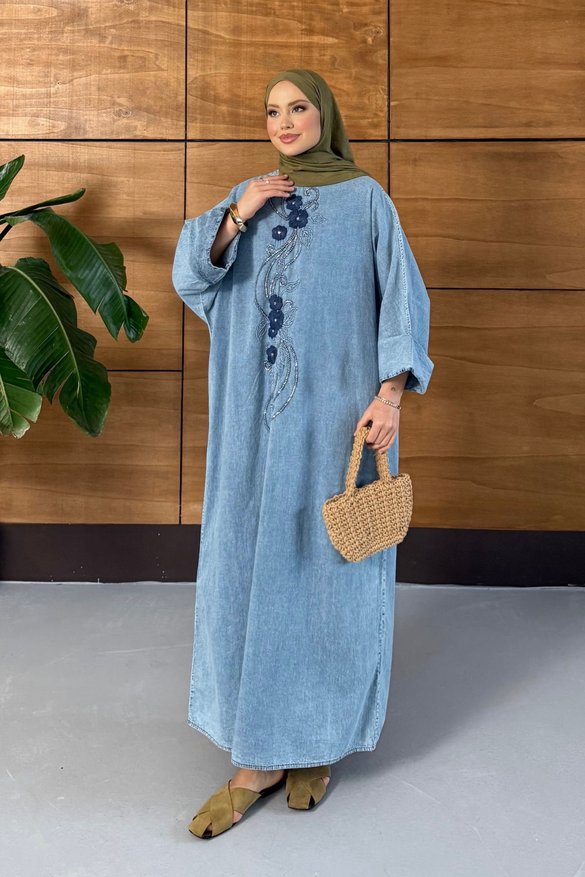 Miss Allos Women's Beaded Embroidered Bat Sleeve Denim Dress