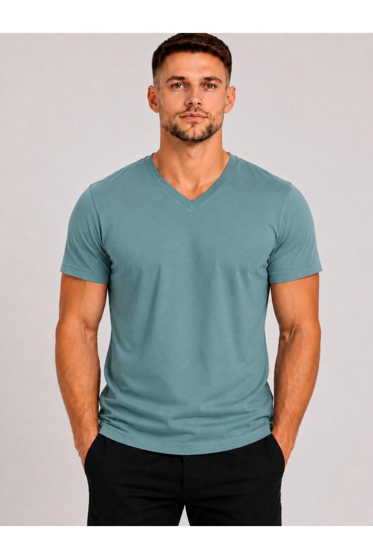 Men's Mint Green Cotton V-Neck Short Sleeve T-shirt-d804