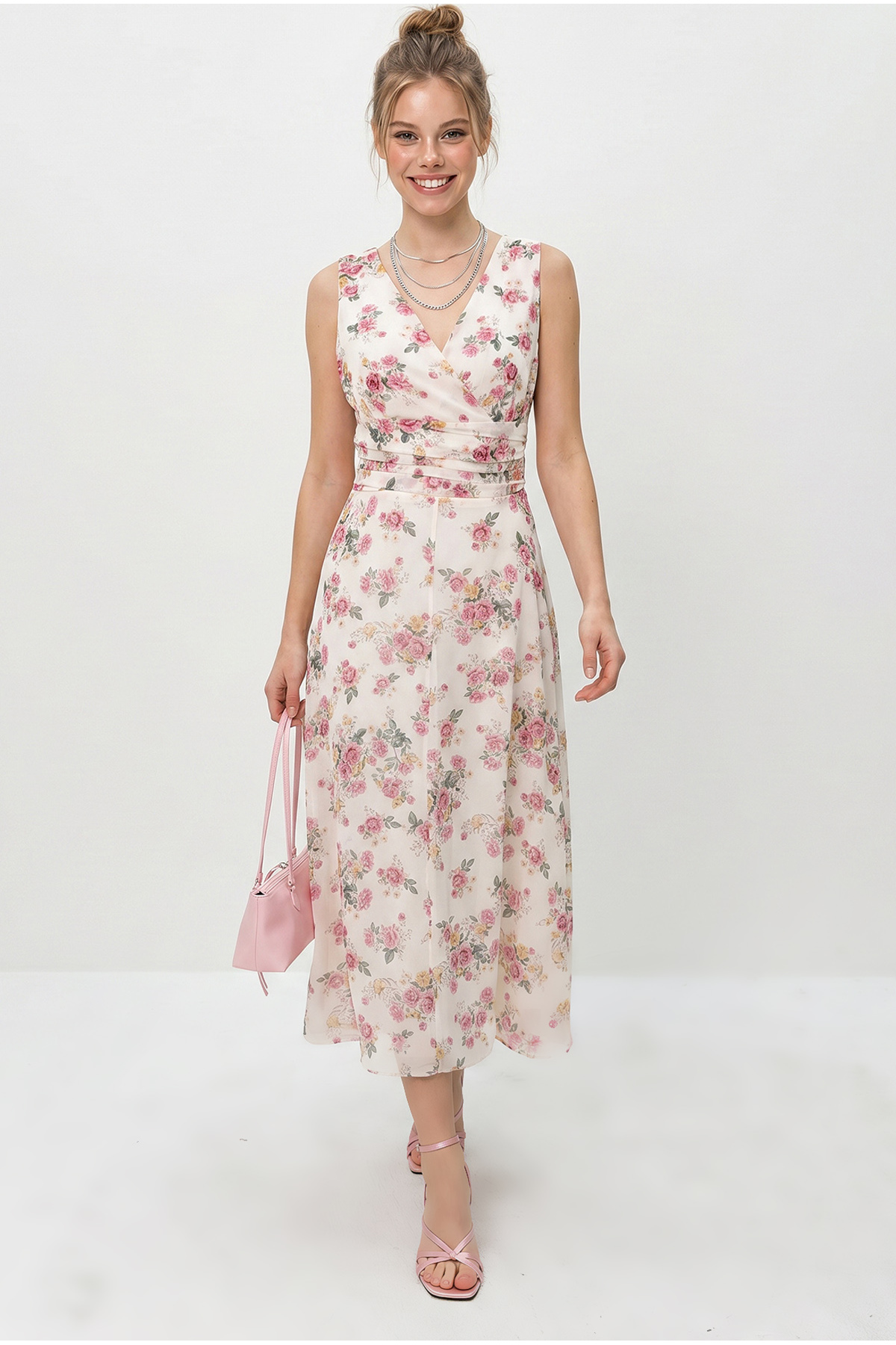 Bianco Lucci Women's V-Neck Floral Pattern Lined Chiffon Midi Dress De261075 60286305