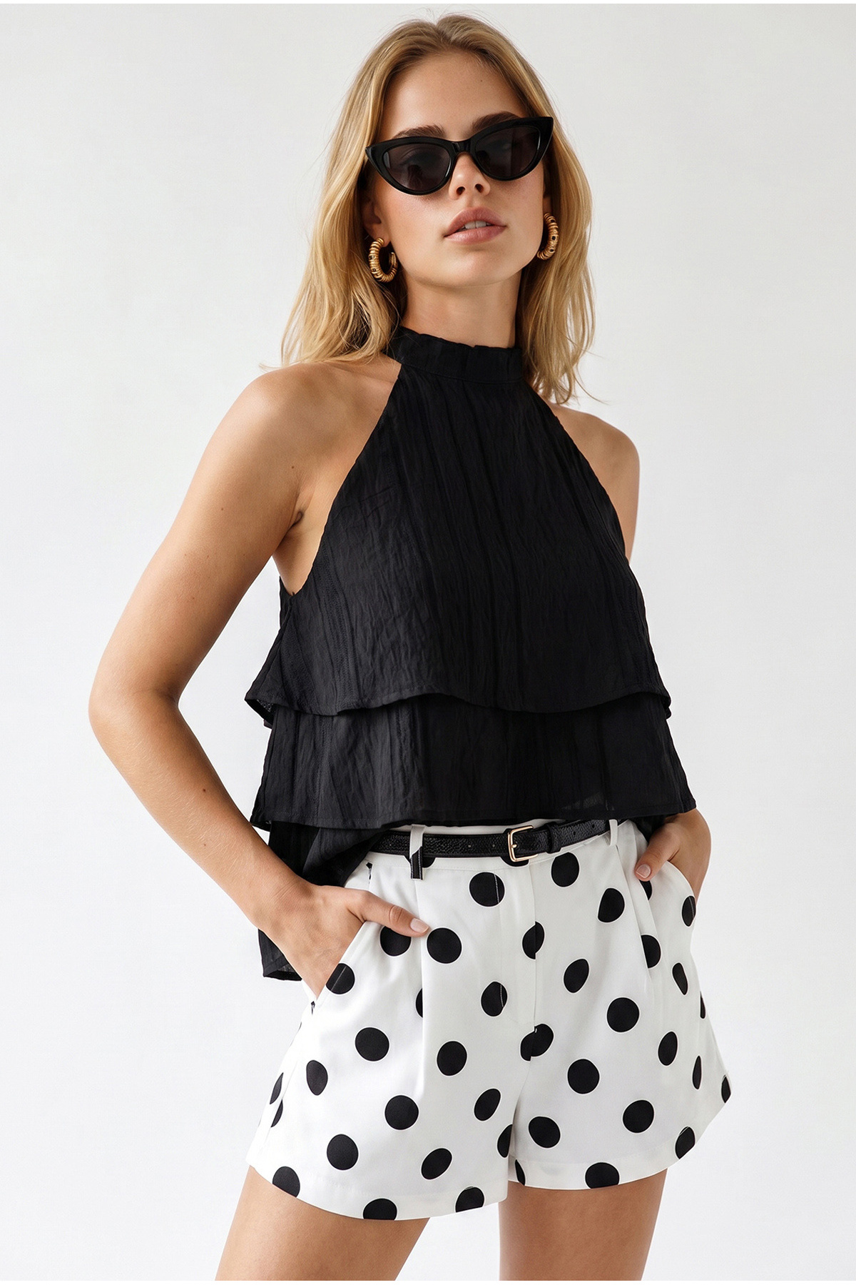 Women's Black Halter Collar Layer BlouseBLZ-19003040