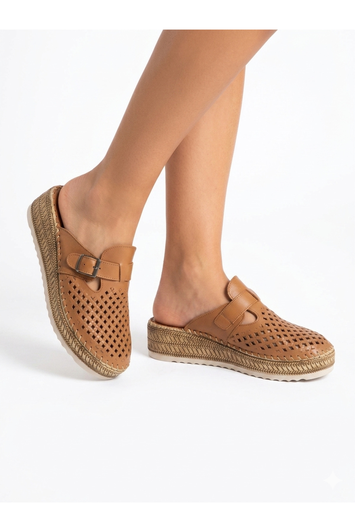 Genuine Leather Brown Orthopedic Sole Perforated Women's Slippers