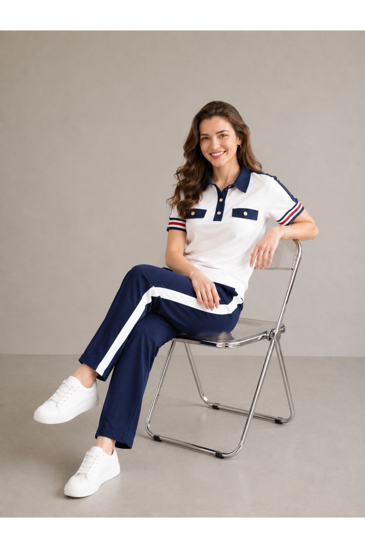 Women's Polo Neck Striped Detailed Double Sports Suit