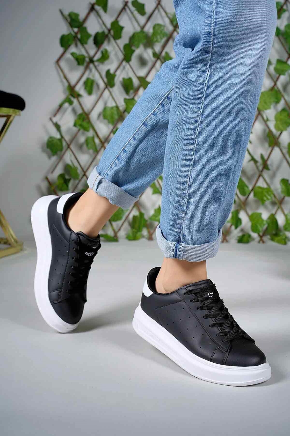 Rahat Bağcıklı Günlük Spor Ayakkabı Kadın Hafif Siyah-Beyaz Sneaker Yürüyüş Ayakkabısı