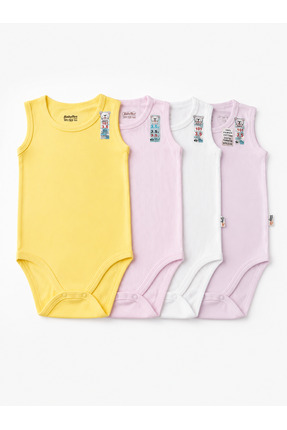 Bulut Anne ve Çocuk Askılı çıtçıtlı body %100 Pamuklu sarı-pembe-ekru renk 4'...