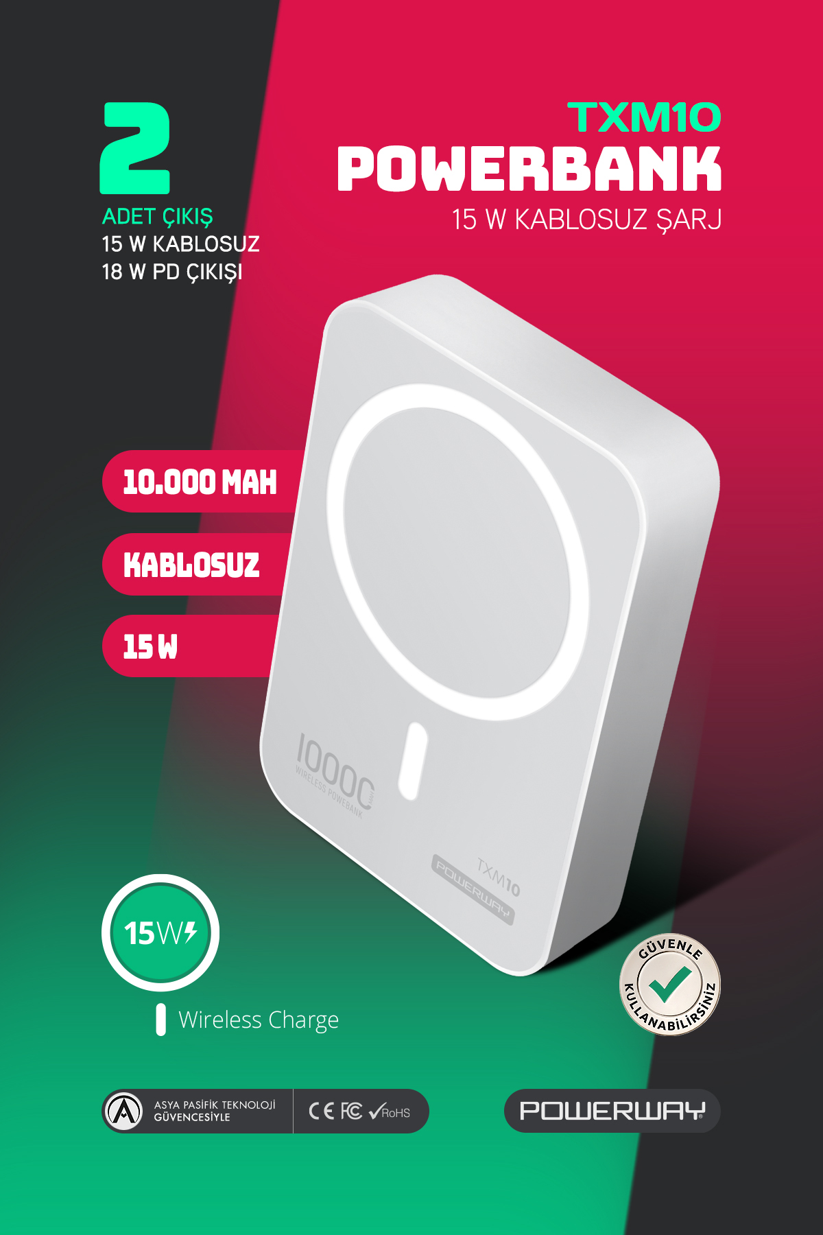 10,000 mAh PD 15W Magsafe Wireless Wireless Portable Charger White Powerbank TXM10