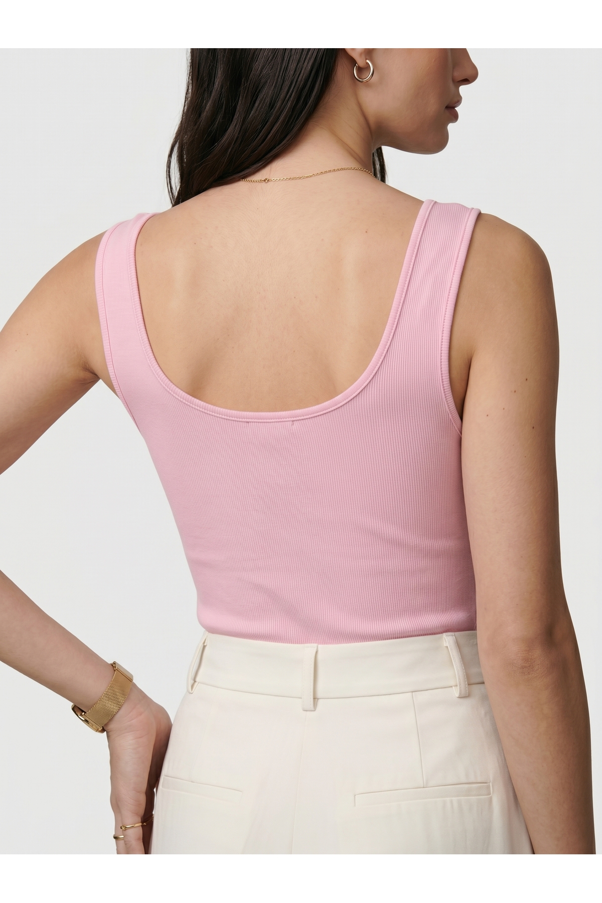 Kadın Pudra Kare Yaka Kalın Askılı Pamuklu Body - Pembe 5