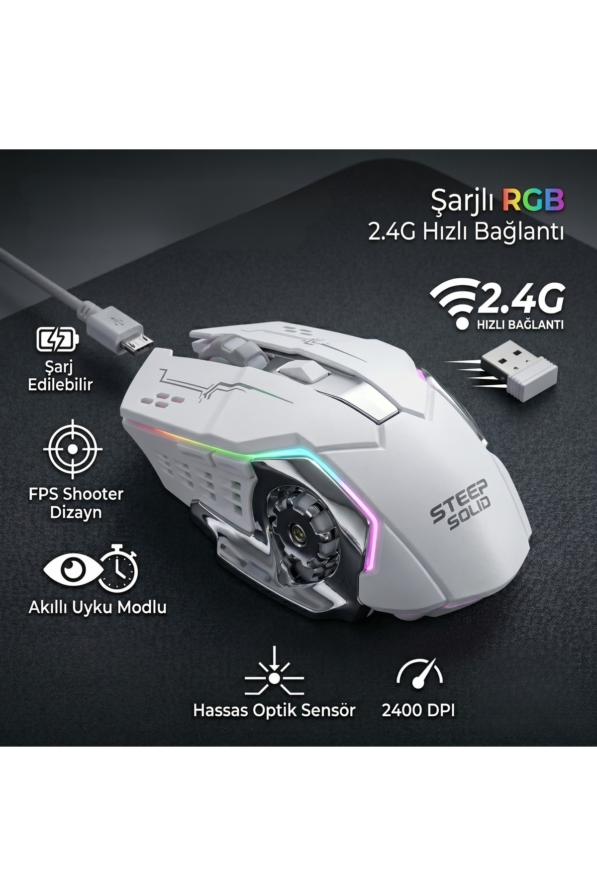 RGB Gaming Wireless Mouse White Rechargeable, 2.4G Speed, 2400 dpi Sensitive Optical Sensor, Right and Left Hand Compatible