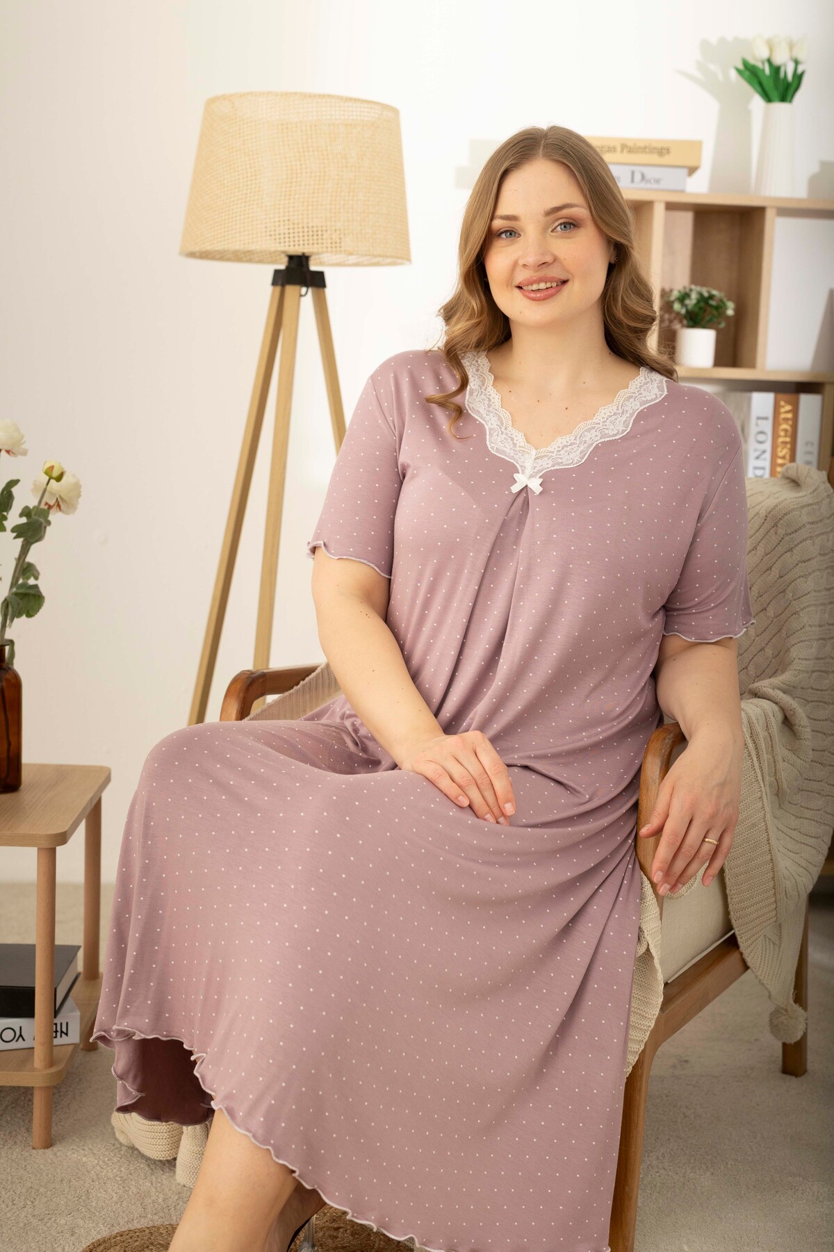 Dusty Rose Dotted Patterned Ring Viscose Short Sleeve Plus Size Dress