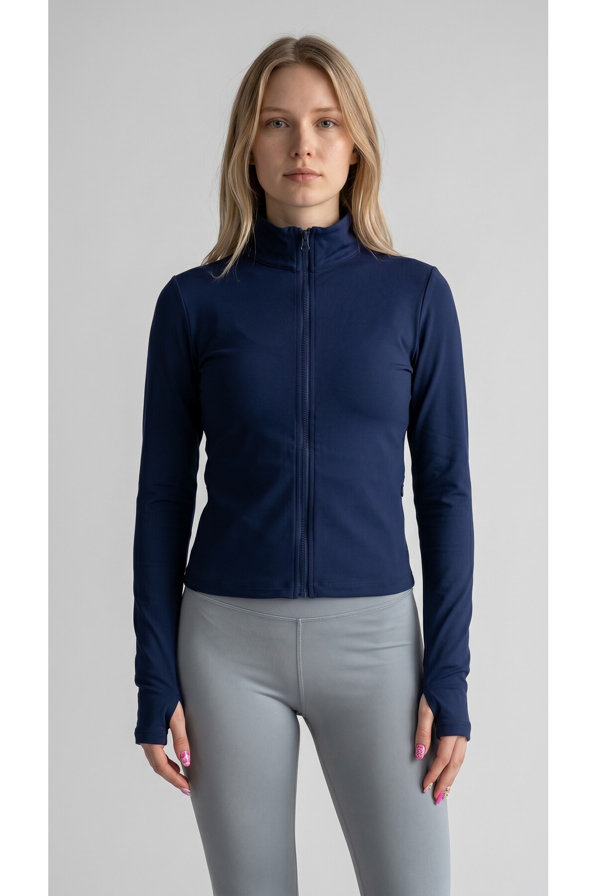 RİVARAPREMIUM Kadın Lacivert Dik Yaka Fermuarlı Slim Fit Aktif Spor Ceketi - Parmak Geçirmeli (Mom Parmak Koşu ve Fitness Üstü