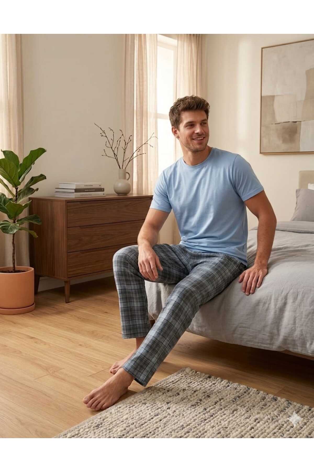 PİJART Erkek Mavi Ekose Kısa Kollu Pamuklu Pijama Takımı