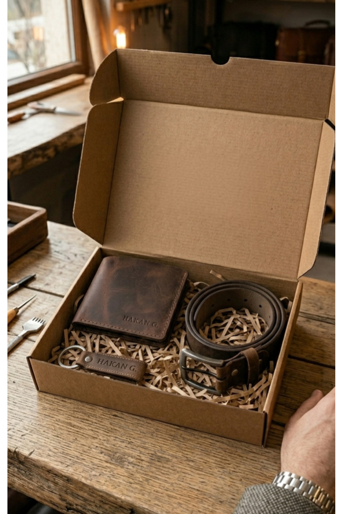 Genuine Leather Wallet with Personalized Name Belt and Keychain Gift Set