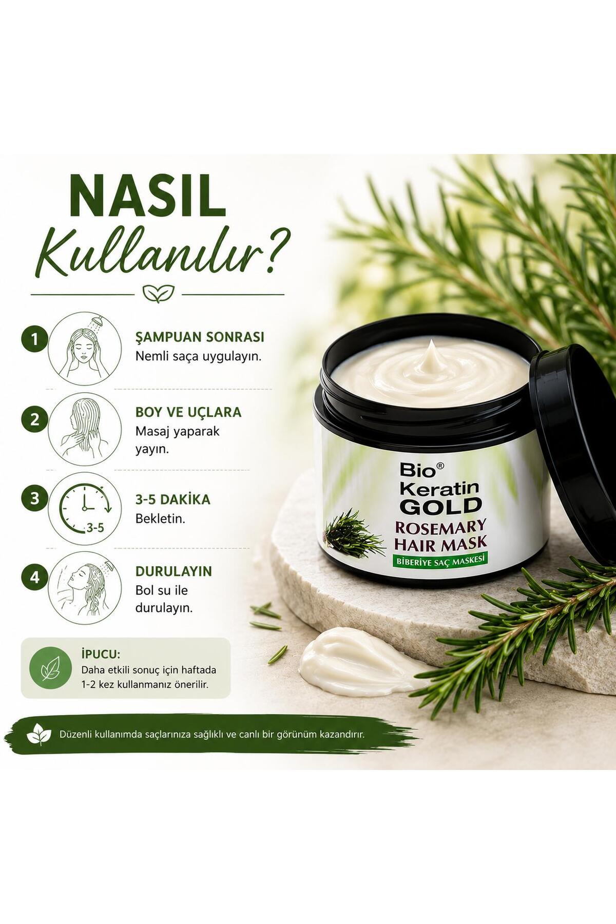 Biberiye Saç Maskesi 500ml Rosemary Hair Mask Yoğun Nem ve Bakım — A449 — تصویر 4 از 6