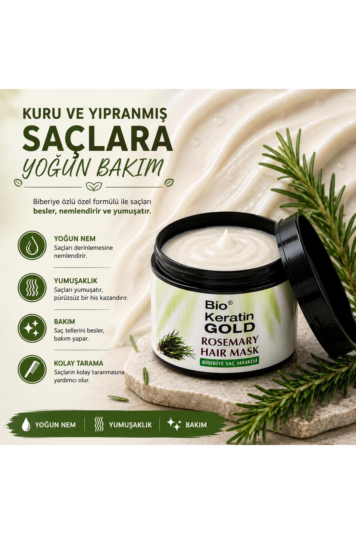 Biberiye Saç Maskesi 500ml Rosemary Hair Mask Yoğun Nem ve Bakım — A449 — تصویر 5 از 6