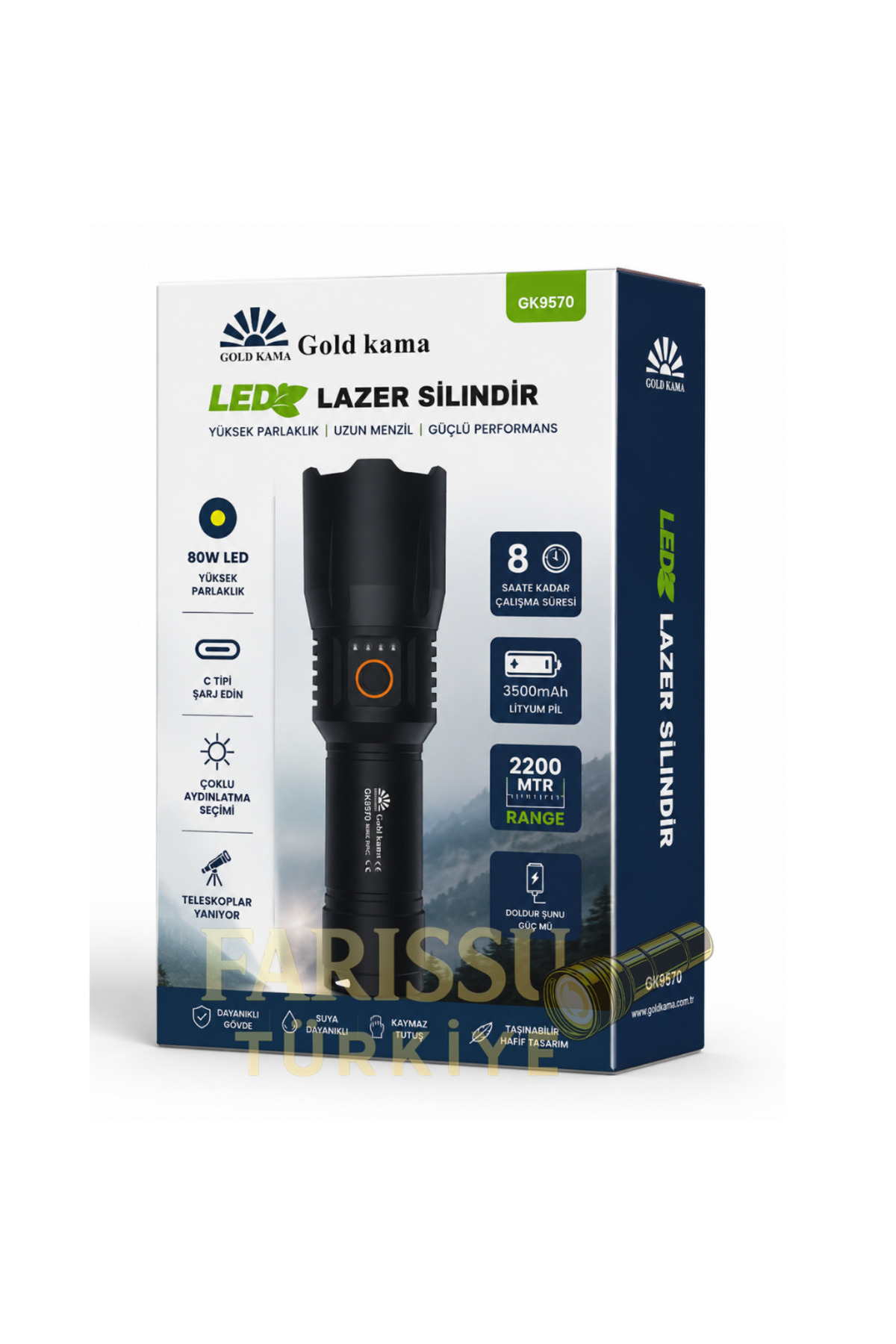 farissu GK9570 80W LED Lazer Silindir Şarjlı El Feneri - 8000