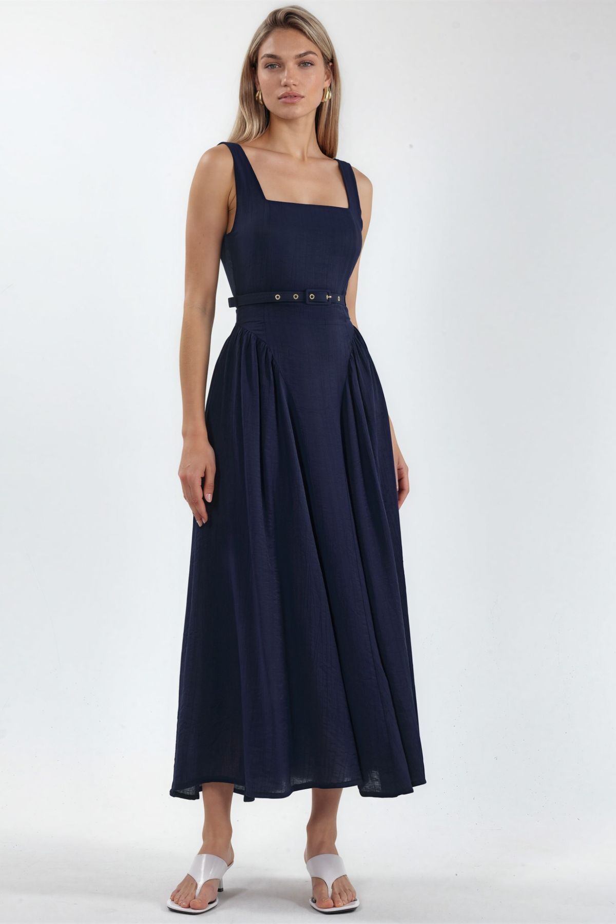 Hiccup Busem Square Neck Belted Midi Dress