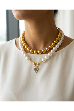 BEAD BERRY Kadın Kalp Detaylı İkili Kolye Seti Gold Altın Sarısı İri İncili B...
