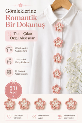NEHOLİA El Örgüsü Gömlek Ceket Aksesuarı 5'li Set Çiçek Broş Tak Çıkar Düğme ...